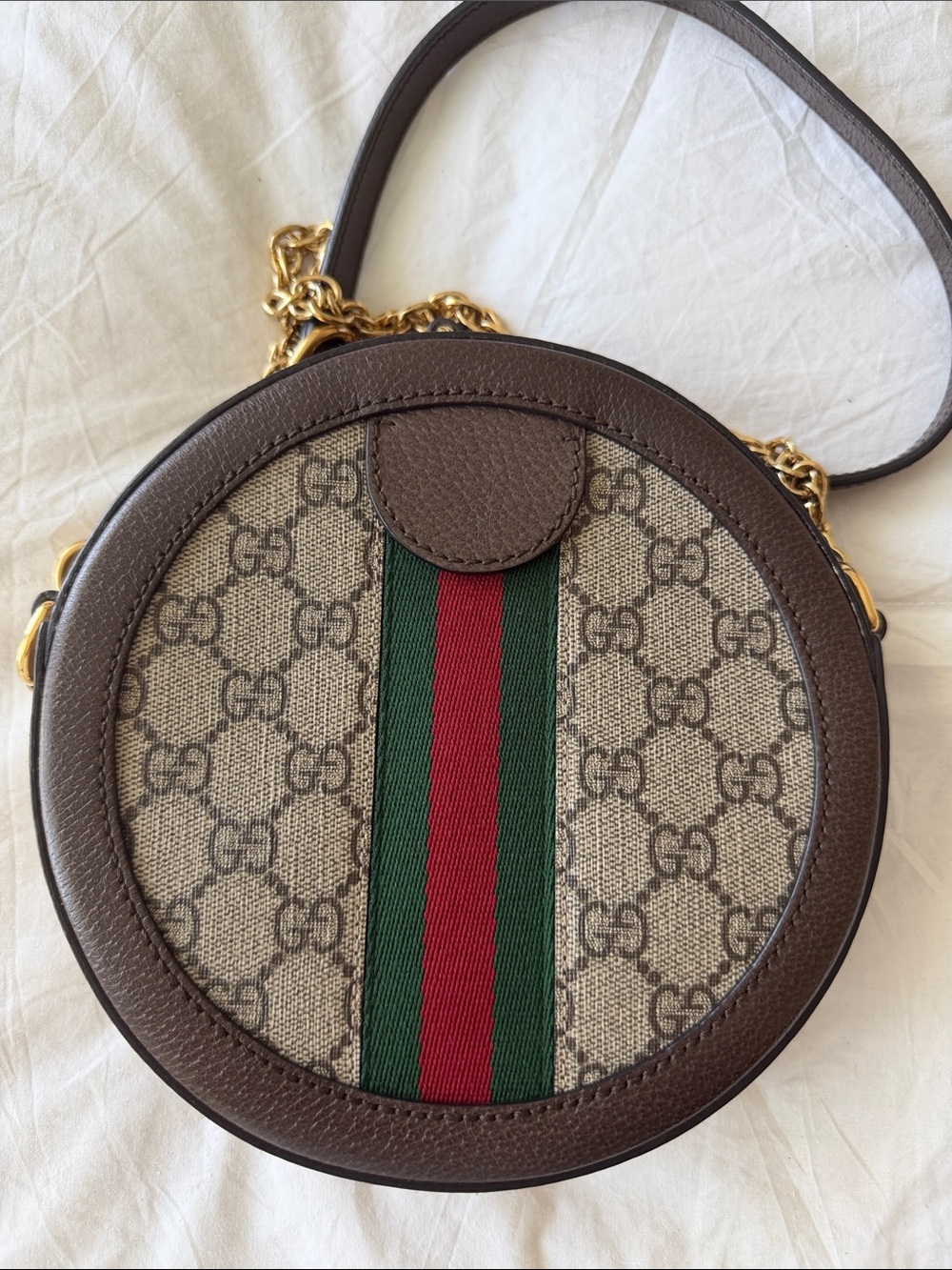 Gucci Brown GG Supreme Round Crossbody with Green and Red Web - Picture 7 of 8